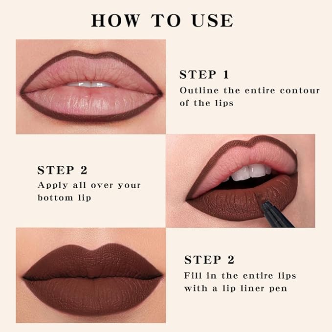 2Pcs Longwear Liquid Lip Liner Stain Marker Pen Set Long Lasting Waterproof, Maroon Dark Red Brown Dusty Mauve Matte 24 Hour Lip Liner and Lipstick Combo, Color Stay Lipliner, Lips Stain peel off