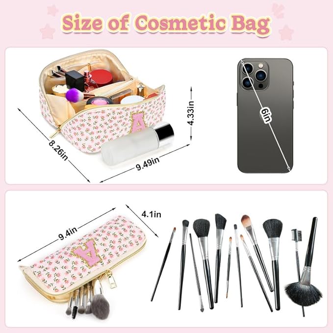 Personalized Travel Makeup Bag Set,Initial Travel Cute Floral Makeup Organizer Bag,Toiletry Skincare Cosmetic Bag,Christmas Gifts for Women/Girls,Open Flat Toiletry Pouch with Brush Pocket-E