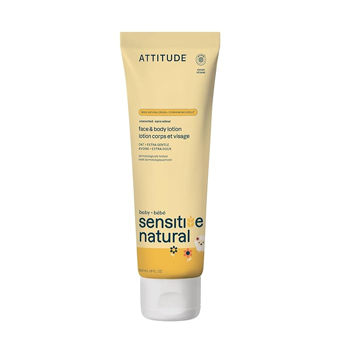 ATTITUDE Baby Lotion for Sensitive Skin with Oat, EWG Verified, Plant and Mineral-Based Ingredients, Vegan Personal Care Products, Unscented, 8 Fl Oz