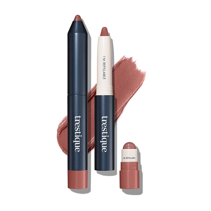 TRE'STIQUE trestique Matte Lip Crayon, Matte Lipstick With Built-in Lip Gloss Balm, 2-in-1 Lip Liner Set With Lip Crayon and Lip Balm, Lipstick and Lip Gloss Kit (Pacific Peony Refillable)