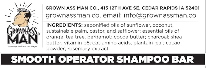 Grown Ass Man Co. - Solid Shampoo Bar Rich Lather 3 in 1: Hair, Beard & Body Wash - Plastic Free & Eco-Friendly, Natural & Organic Clean for All Hair Types, 4oz Bar (Smooth Operator, 6-Pack)
