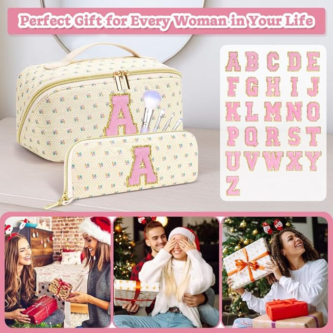 Personalized Travel Makeup Bag Set,Initial Travel Cute Floral Makeup Organizer Bag,Toiletry Skincare Cosmetic Bag,Christmas Gifts for Women/Girls,Open Flat Toiletry Pouch with Brush Pocket-R
