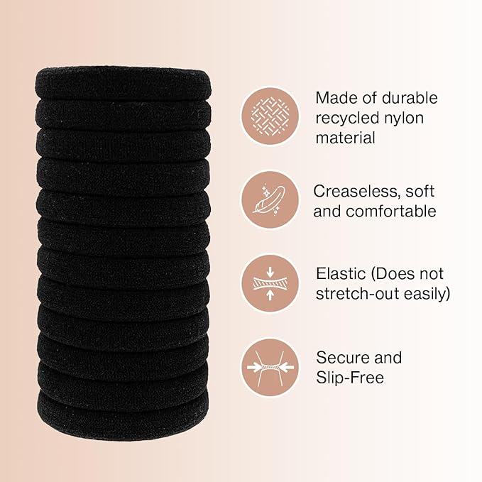 Kitsch Nylon Hair Ties No Damage - Stretchable Elastics for Strong All-Day Hold, Ponytail Holders | Hair Accessories for Women & Girls | Ideal Gifts for Women - Black, 12 Pcs