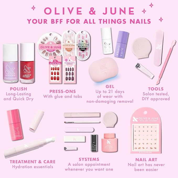 Olive & June Best Sellers Nail Polish Set | Includes 3 Long Lasting Shades (Cockatoo, Pink Sands, Hibiscus) + Super Glossy Top Coat | Vegan, Cruelty-Free | Salon-Quality Results at Home