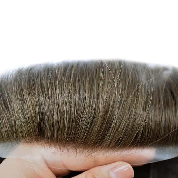 Toupee for Men French Lace Center Human Hair Replacement Systems Transparent Lace Center Hair Piece Mens Toupee Hair Units for Man V-Looped Front Male Hair Prosthesis 6"X9" 4# MEDIUM BROWN