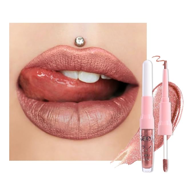 Kaely 2-in-1 Bronze Gold Metallic Lipstick and Lip Liner, Shimmer Liquid Metallic Lipsticks for Women, Glitter Lip Gloss Stain Long Lasting Waterproof Smudge Proof 24 Hour, Vegan Makeup, 14