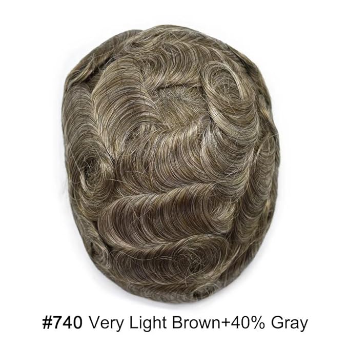 FACE MIRACLE French Lace Mens Toupee Human Hair System Lace Center Toupee for Men Thin Skin PU Around Hair Replacement System V-Looped Mens Hair Wig 6"X8" #740 7# VERY LIGHT BROWN WITH 40% GREY