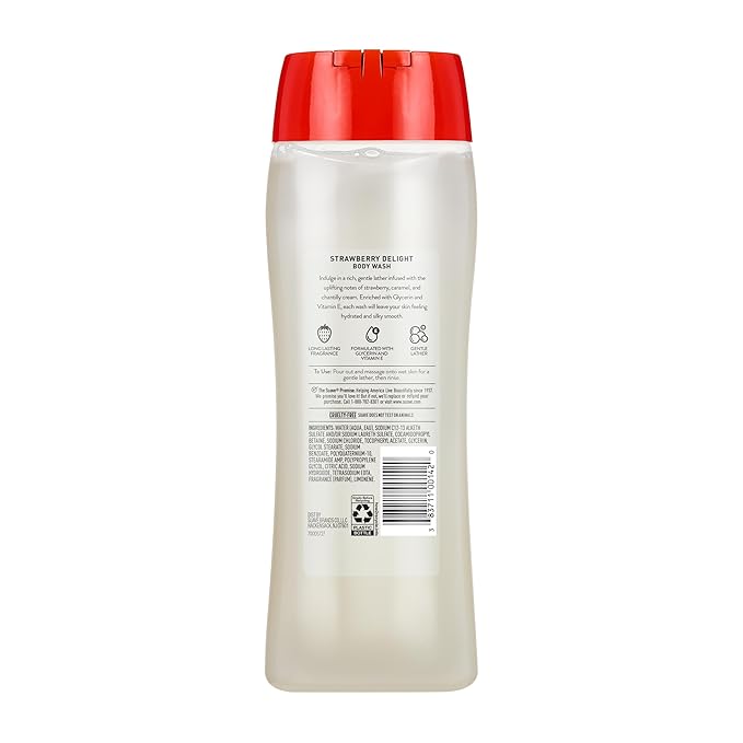 Suave Strawberry Delight Uplifting Body Wash, Formulated with Glycerin and Vitamin E for Hydrating and Gently Cleansing Skin, 18 oz, 6 Pack
