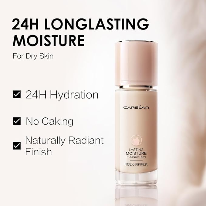 CARSLAN Lasting Moisture Foundation, 24H Longlasting Medium Coverage Dewy Finish Face Makeup, Poreless, Lightweight, Waterproof, Oil Free Liquid Foundation, P01