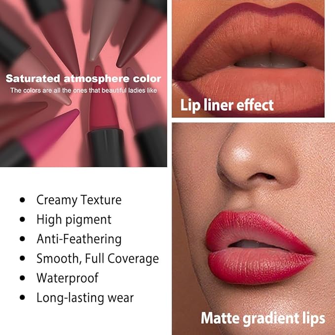 Dark Red Gradient Matte Lipstick Crayon Lip Liner pencil,Crayon Form and Cone Tip 2-in-1 Lip Liner and Lipstick Lip Combo Set Achieve Flawless Contour Gradual Ombre Effect lip Pencil for Old Women
