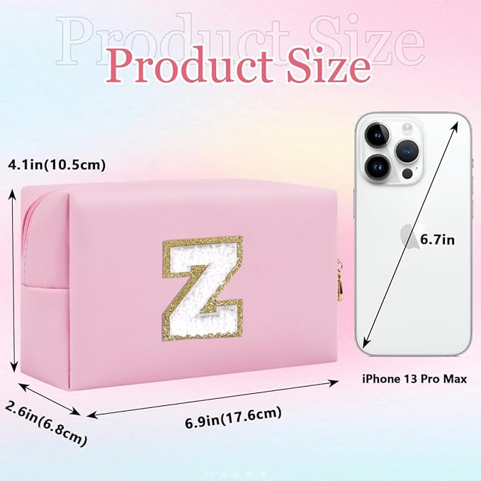 Small Personalized Letter Makeup Bag, Cute PU Leather Chenille Letters Cosmetic Bag Travel Makeup Pouch, Preppy Travel Organizer Zipper Pouch for Women&Girls（Pink-Z）