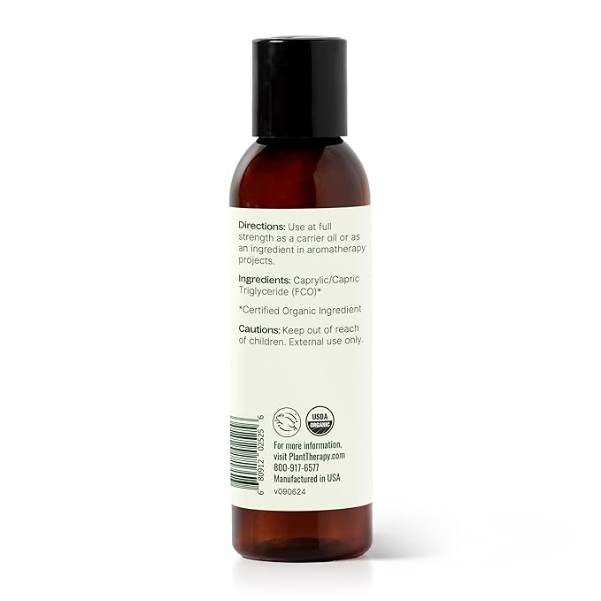 Plant Therapy Organic Fractionated Coconut Oil for Skin, Hair, Body 100% Pure, USDA Certified Organic, Natural Moisturizer, Massage & Aromatherapy Liquid Carrier Oil 4 oz