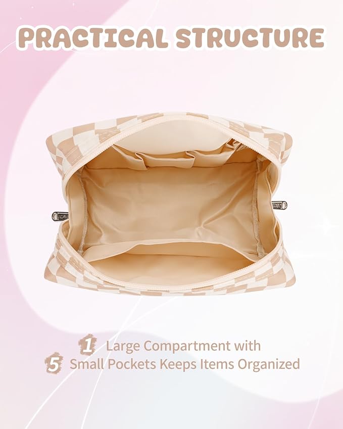 Narwey Birthday Gifts for Women Teen Girls Kids Personalized Initial Checkered Makeup Bag Cute Cosmetic Bag Trendy Stuff 6 8 10 11 12 13 14 16 18 Years Old Travel Toiletry Bag (Brown Letter B)