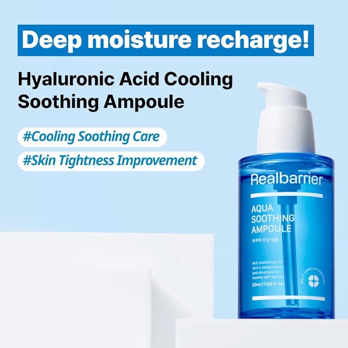 Real Barrier Aqua Soothing Ampoule 1.69 Fl Oz, Cooling Soothing Moisturizing Facial Serum for Sensitive Dry Skin, Hyaluronic acid Ceramide Hydrating Face Moisturizer for Dewy Skin, Korean Skin Care