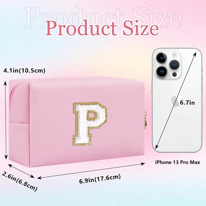 Small Personalized Letter Makeup Bag, Cute PU Leather Chenille Letters Cosmetic Bag Travel Makeup Pouch, Preppy Travel Organizer Zipper Pouch for Women&Girls（Pink-P）