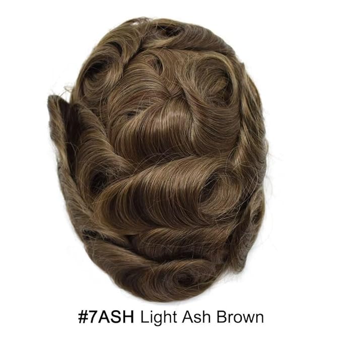 FACE MIRACLE Toupee for Men French Lace Hairpiece Human Hair Replacement System Skin PU Mens Toupee Hair Wigs for Man V-Looped Front Hair Prosthesis 6"X9" 7ASH Light Ash Brown