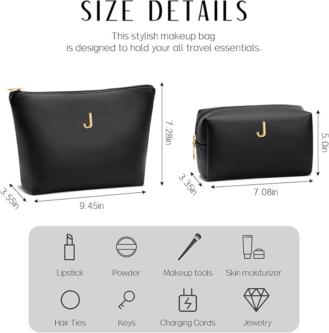 Women Gifts | Initial Makeup Bag Set for Girl Personalized Gifts for Bridesmaid Friend Graduation Teachers PU Leather Cosmetic Travel Toiletry Bag(Black,J)