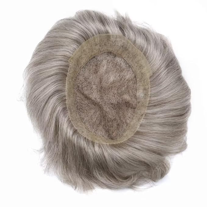 FACE MIRACLE Lace Front Mens Toupee Human Hair System Swiss Lace Center Toupee for Men Thin Skin PU Around Hair Replacement System V-Looped Mens Hair Wig Units 6"X9" #380 Dark Brown with 80% Gray