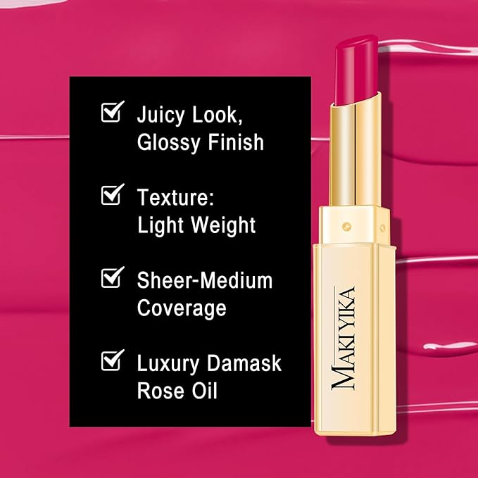 MAKI YIKA Moisture Hot Pink Lipstick for Women Hydrate Lip Balm for Dry Cracked Lips Weightless Glossy Lip Color Juicy Finish,MA056 Girl's Pink