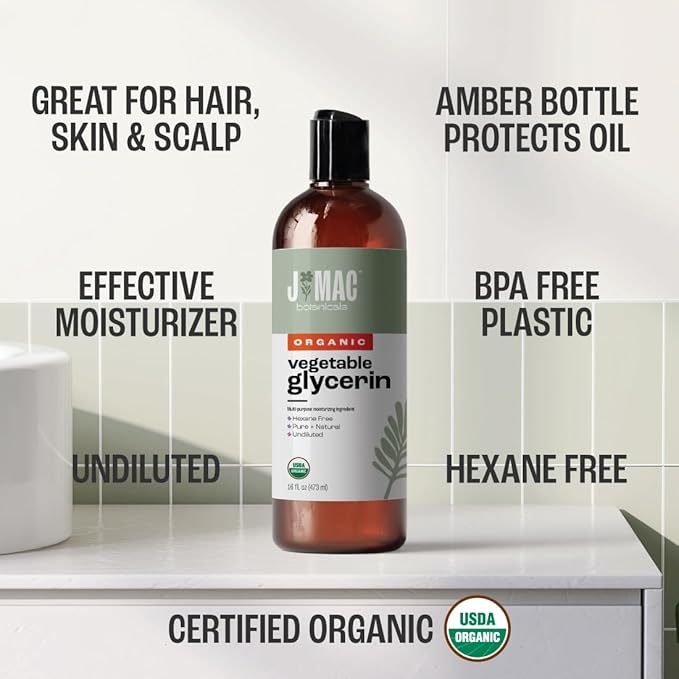 J MAC BOTANICALS, Organic Vegetable Glycerin Oil (16oz bottle) Moisturizing and softening, 100% Pure natural liquid organic glycerine for crafts, skin, face, hair