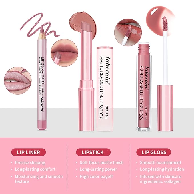 3PCS Lip Liner and Lipstick Combo Set - Matte Lip Liner Pencil, Velvet Matte Lipstick & Hydrating Collagen Lip Gloss - Long-Lasting, Smudge-Proof, Nude Brown Lip Makeup Kit (#3 Reddish Brown)
