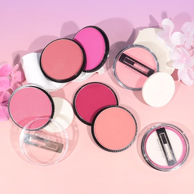 Natural Single Matte for Face Cheeks Blush with Makeup Powder Puff, Pink Red Monochrome Blush Cream Powder Makeup Palette Blushes Long-lasting Color Blendable Foundation for Women Every Day 02