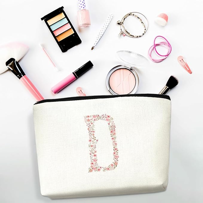 Initial Makeup Bag Floral D Personalized Cosmetic Bag Monogrammed Gifts for Women Girls Bride Grandma Monogram Zipper Pouch for Teacher Appreciation Mothers Day Birthday Wedding Bridal Shower Gifts