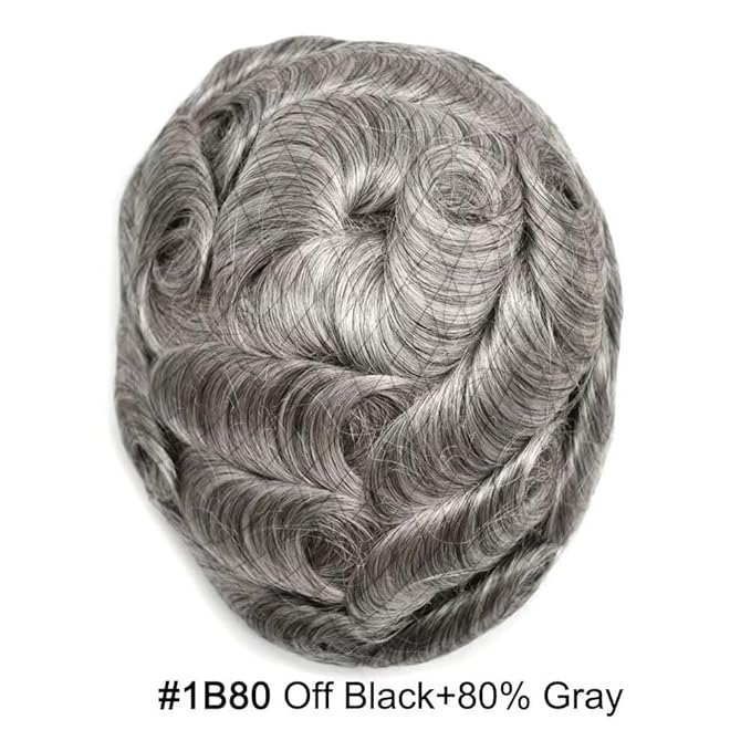 FACE MIRACLE Hair System for Men French Lace Mens Toupee Human Hair Replacement System Lace with PU Toupee for Men Male Hair Piece Wigs 6"X8" #1B80 Off Black with 80% Gray