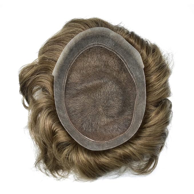 FACE MIRACLE Toupee for Men French Lace Hairpiece Human Hair Replacement System Skin PU Mens Toupee Hair Wigs for Man V-Looped Front Hair Prosthesis 8"X10" 6# LIGHT BROWN