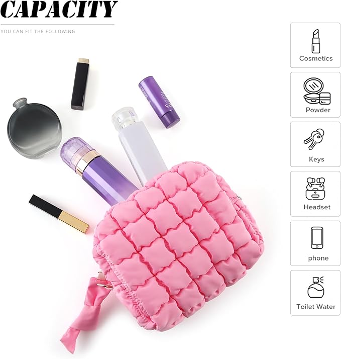 Puffy Quilted Makeup Bag Small Puffer Bag Cosmetic Bags Travel Toiletry Purse for Women, Cute Organizer Pouch, Khaki