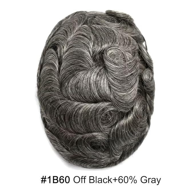 FACE MIRACLE Toupee for Men Lace Center Mens Toupee Hairpiece for Man Human Hair Replacement System Lace Center with Poly around Hair Units Mens Wig Hair Prosthesis 6"X9" #1B60 Off Black with 60% Gray
