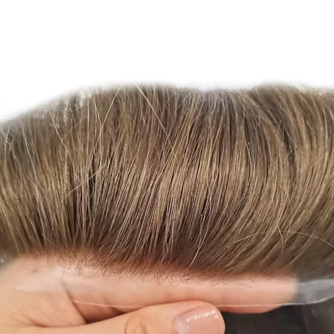 FACE MIRACLE Toupee for Men French Lace Hairpiece Human Hair Replacement System Skin PU Mens Toupee Hair Wigs for Man V-Looped Front Hair Prosthesis 6"X9" #18 Medium Blonde