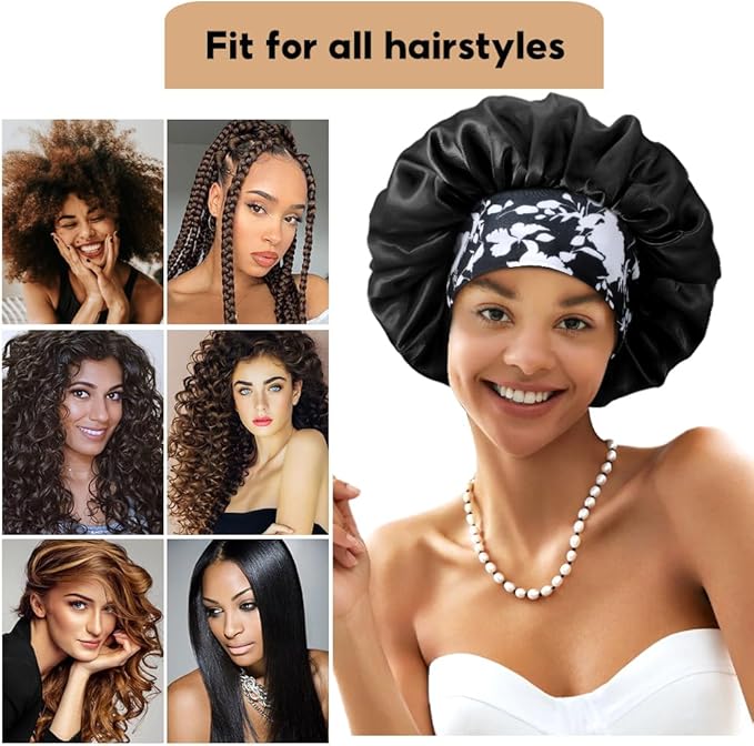3+3 Large Satin Bonnets with Scrunchies for Women, Wide Band Hair Bonnet for Sleeping Braids Curly Hair