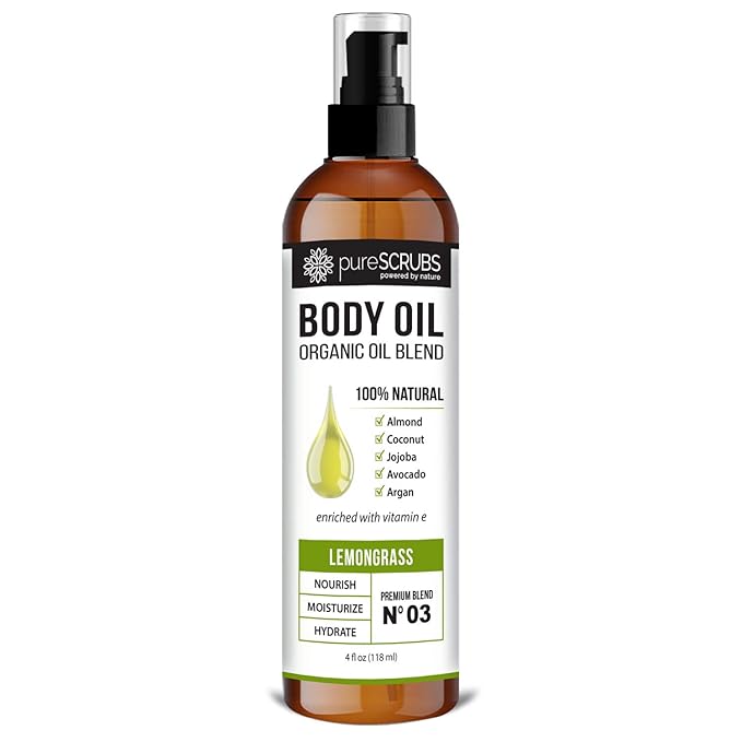 pureSCRUBS Ultra Moisturizing Lemongrass Body Oil Spray for Dry Skin, Massage, & More, Organic Super Blend of Jojoba, Argan, Coconut, Sweet Almond & Avocado Oils Enriched with Vitamin E, Lg 4oz