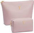 Women Gifts | Initial Makeup Bag Set for Girl Personalized Gifts for Bridesmaid Friend Graduation Teachers PU Leather Cosmetic Travel Toiletry Bag(Pink,T)
