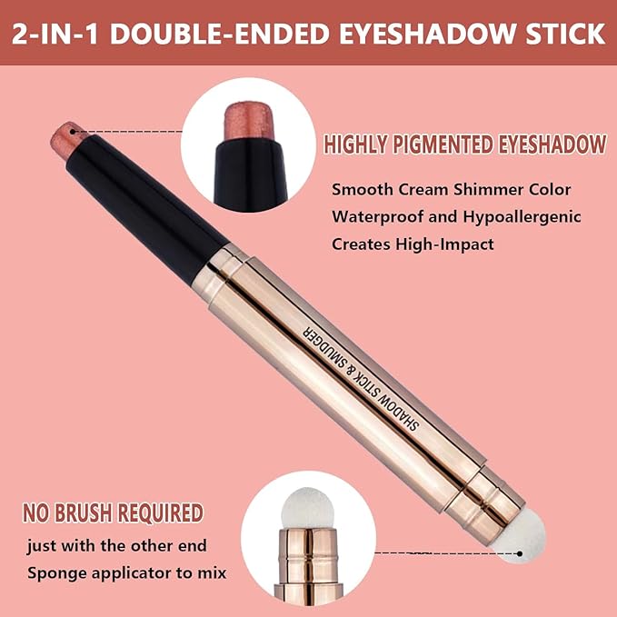 2 in1 Orange Copper Eyeshadow Stick Makeup Cream Shimmer Smooth Eyeshadow Pencil Hypoallergenic Natural Waterproof Long Lasting Eye Shadow Pen Highlighter Stick Multi-Dimensional Eyes Look 05