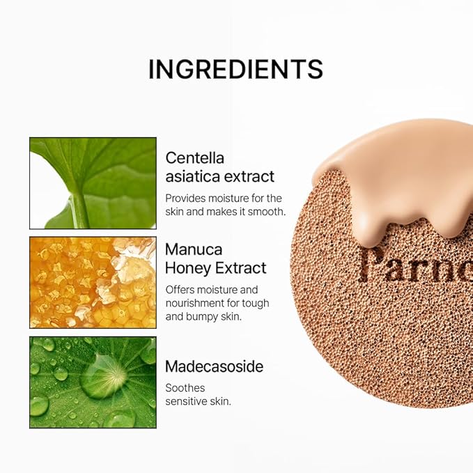Parnell Cicamanu Serum Cushion - Moisturizing Foundation for Soothing, Coverage, Glass Skin and Lightweight for Sensitive and Dry Skin Pearl Skin (0.52 Fl Oz) (30N)