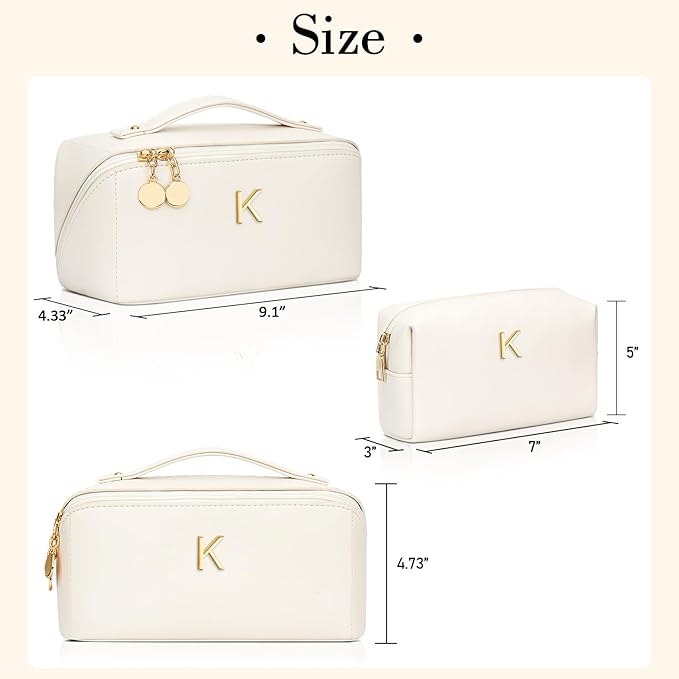 Birthday Gifts for Women Teen Girl, Personalized Initial Makeup Organizer Bag Set, Open Flat Travel Cosmetic Bag With Clear Divider and Handle(Beige,K)