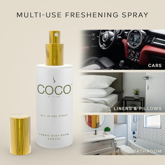 COCO by Stone 5oz All-in-One Spray (Santal) Shake & Spray Formula for Fabric, Pillows, Interiors, Clothing, Home Fragrance Accessories, Room Perfume, Room Deodorizer, Vegan & Cruelty-Free