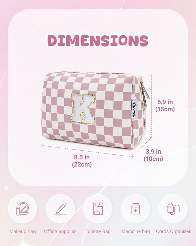 Narwey Birthday Gifts for Teen Girls Kids Women Personalized Initial Checkered Makeup Bag Pink Monogram Cosmetic Bag Trendy Stuff 6 8 10 11 12 13 14 16 18 Years Old Travel Toiletry Bag (Dusty Rose K)