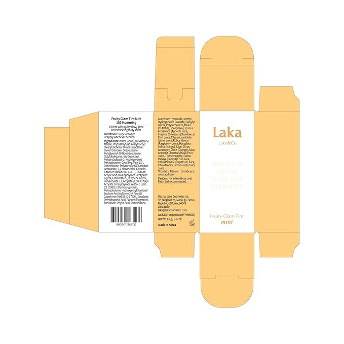 Laka Fruity Glam Lip Tint Mini, Glowing Lip Stain with Wide Color Spectrum, Hydrating & Lightweight Texture, Long-Lasting Bold Stain, Non-Sticky, Vegan, K-Beauty (#103 Humming)