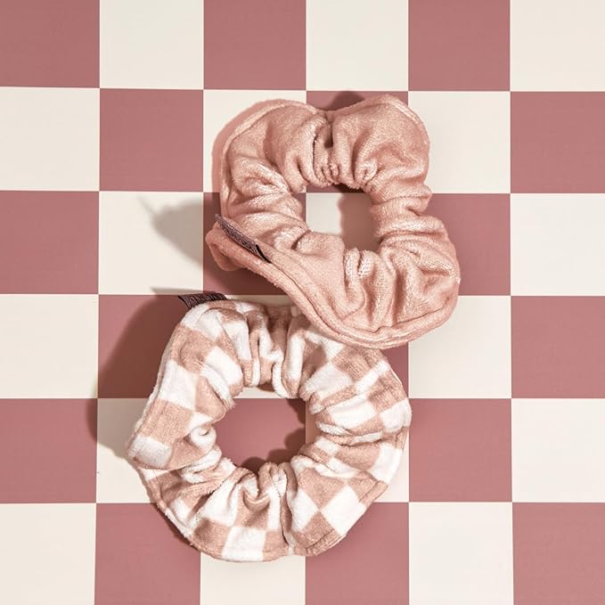 Kitsch Ultra Soft Microfiber Large Hair Ties for Women - Towel Scrunchies for Wet Hair, 2 Count - Terracotta Checker