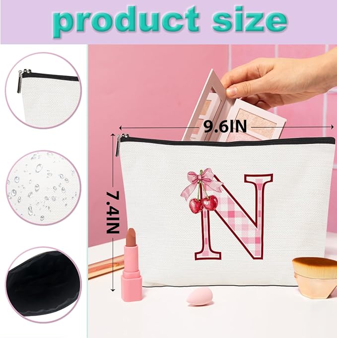 Initial Makeup Bag Monogram Cosmetic Bag Monogrammed Gifts for Women Girls Friends Coworker Sisters Personalized Travel Toiletry Bag Christmas Bridal Shower Wedding Bridesmaid Gifts, Cherry N