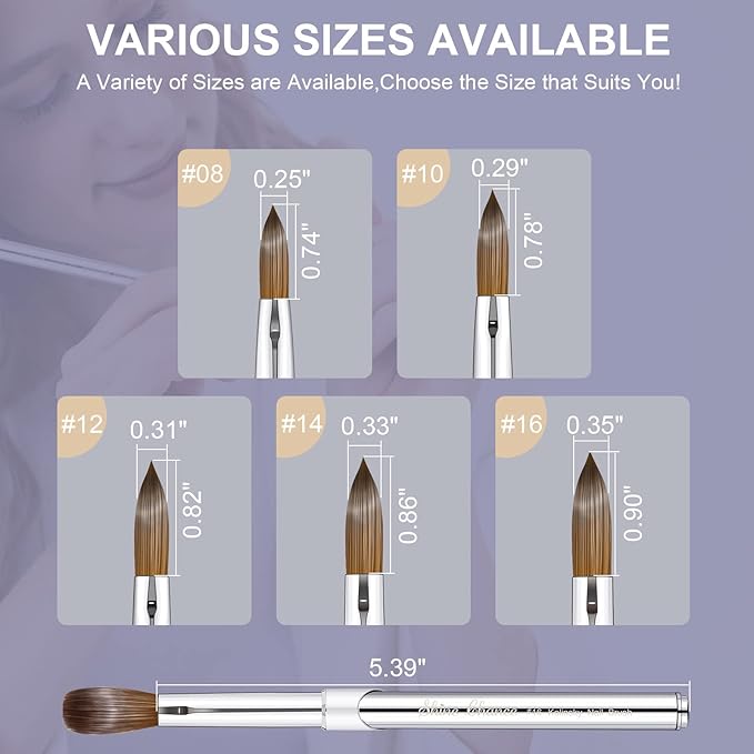 Acrylic Nail Art Brush Size 10, 100% Pure Kolinsky Hair Oval Nail Brush for Acrylic Application, Professional Nail Extension Manicure Tool Striping Nail Drawing Pen for DIY Home Salon