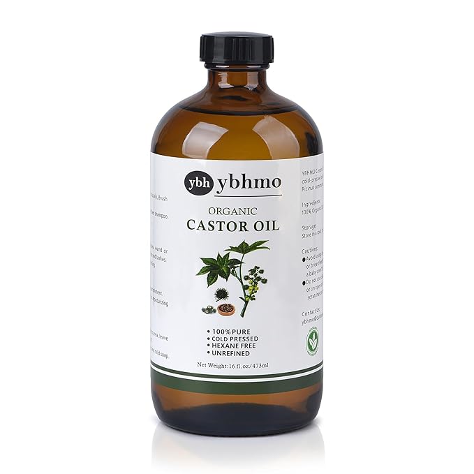 Cold Pressed Castor Oil Organic Glass Bottle(16 Fl Oz),100% Pure ，Hexane Free for Hair Growth & Care, Castor oil pack & Moisturize Body Skin