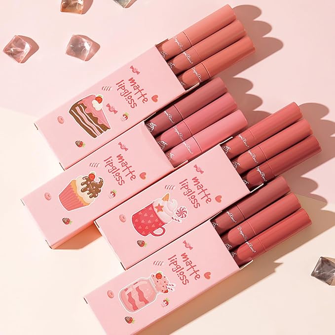 3Pcs Nude Matte Lipstick Set, Ice Cream Velvet Smooth Matte Lip Gloss, 24 Hour Natural Long Lasting & Nourishing Lip Glaze Non-stick Cup for Women Makeup (Set C)