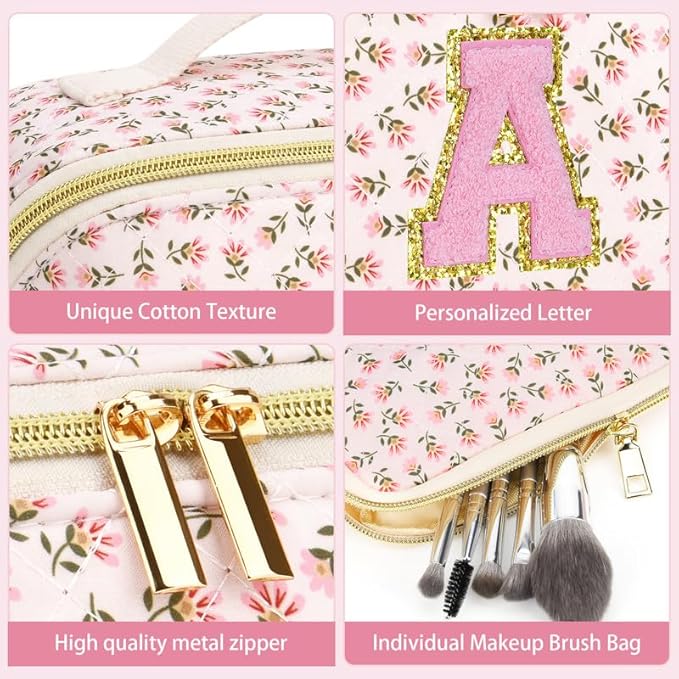 Personalized Travel Makeup Bag Set,Initial Travel Cute Floral Makeup Organizer Bag,Toiletry Skincare Cosmetic Bag,Christmas Gifts for Women/Girls,Open Flat Toiletry Pouch with Brush Pocket-J
