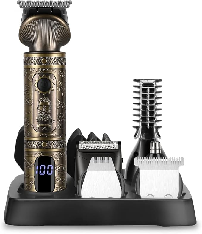 Beard Trimmer Kit Professional Hair Clipper Zero Gapped T-Blade Electric Shaver Razor Nose Body Trimmer for Men Cordless Grooming Kit 7 in 1