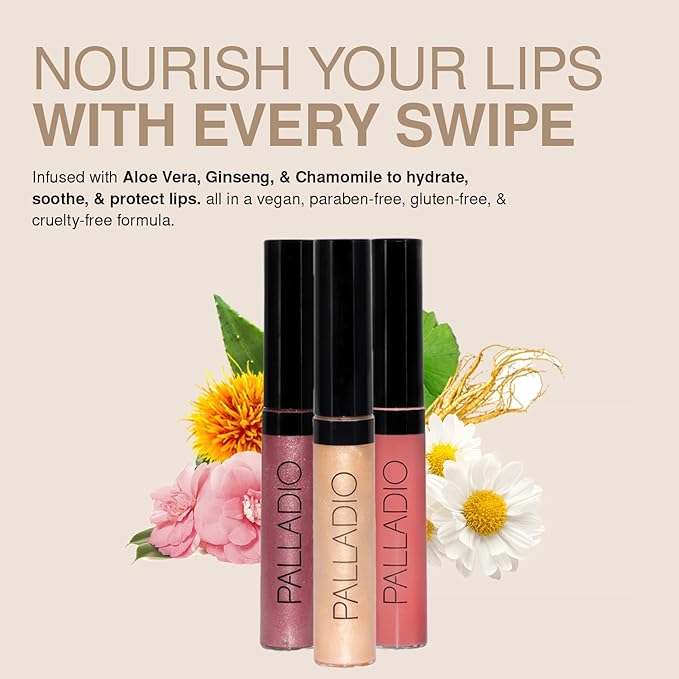 Palladio Lip Gloss, Non-Sticky Lip Gloss, Contains Vitamin E and Aloe, Offers Intense Color and Moisturization, Minimizes Lip Wrinkles, Softens Lips with Beautiful Shiny Finish, Icy Mauve