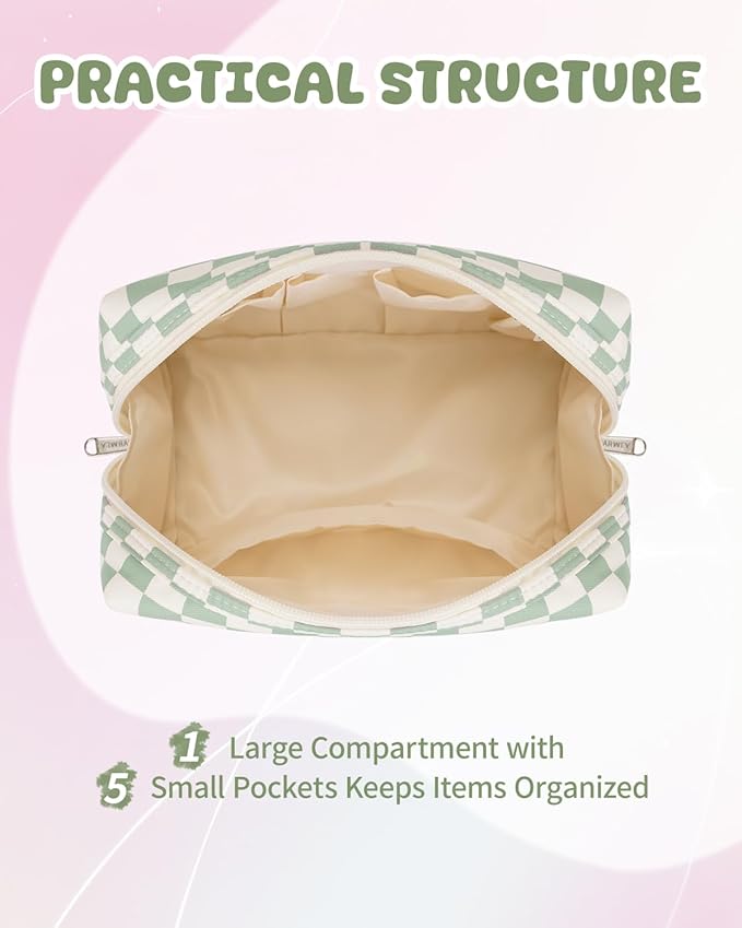 Narwey Birthday Gifts for Teen Girls Women Personalized Initial Checkered Makeup Bag Preppy Cosmetic Bag Trendy Stuff 6 8 10 11 12 13 14 16 18 Years Old Travel Toiletry Bag (Green Letter D)